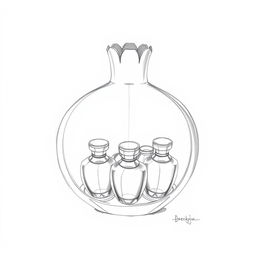 A detailed pencil sketch illustrating a unique perfume bottle design in the shape of a pomegranate, split into two halves