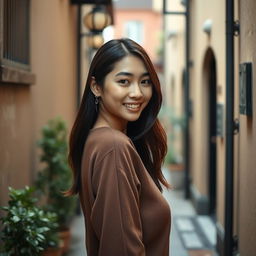 A beautiful Asian woman with an attractive appearance walking gracefully down a small alley, facing the camera with a soft and cute smile