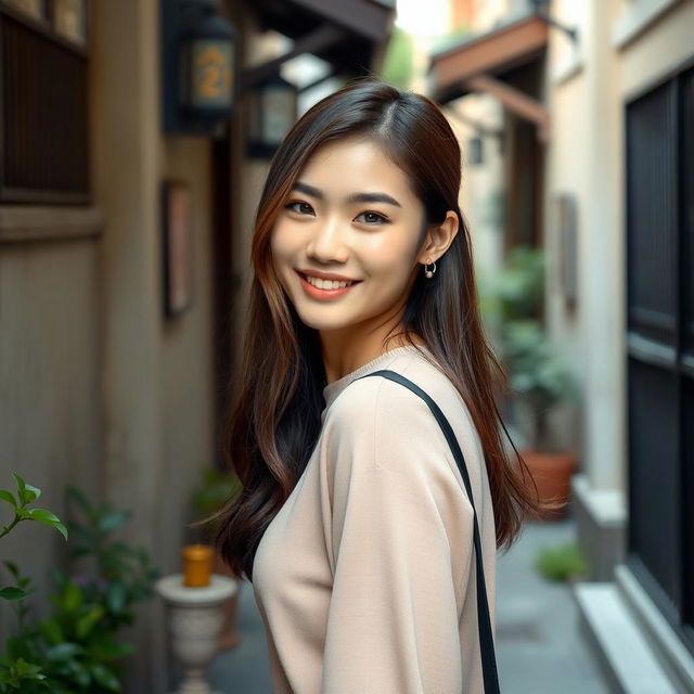 A beautiful Asian woman with an attractive appearance walking gracefully down a small alley, facing the camera with a soft and cute smile