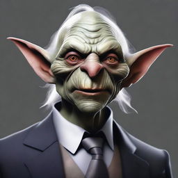 A high-quality digital art image featuring an old goblin with grey skin, donned in a sharp black suit