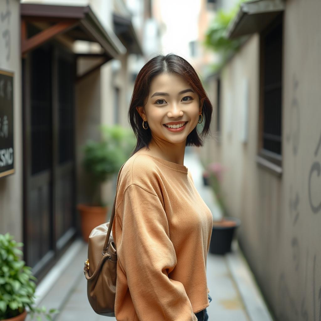 A beautiful Asian woman with an attractive appearance walking gracefully down a small alley, facing the camera with a soft and cute smile