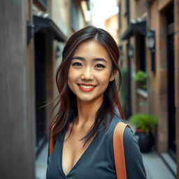 A beautiful Asian woman with an attractive appearance walking gracefully down a small alley, facing the camera with a soft and cute smile