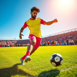A dynamic scene of a South Asian male actor resembling Allu Arjun energetically playing football on a vibrant green field