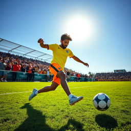 A dynamic scene of a South Asian male actor resembling Allu Arjun energetically playing football on a vibrant green field