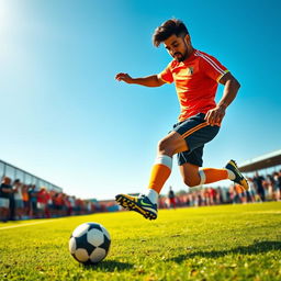 A dynamic scene of a South Asian male actor resembling Allu Arjun energetically playing football on a vibrant green field