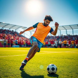 A dynamic scene of a South Asian male actor resembling Allu Arjun energetically playing football on a vibrant green field
