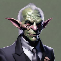 A high-quality digital art image featuring an old goblin with grey skin, donned in a sharp black suit