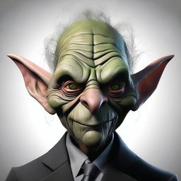 A high-quality digital art image featuring an old goblin with grey skin, donned in a sharp black suit