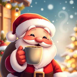 A cute Santa Claus character with a jolly smile, wearing his traditional red suit with white fur trim