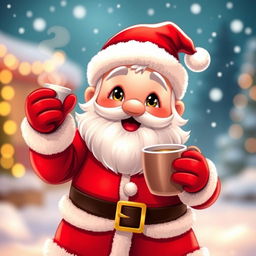 A cute Santa Claus character with a jolly smile, wearing his traditional red suit with white fur trim