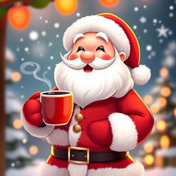 A cute Santa Claus character with a jolly smile, wearing his traditional red suit with white fur trim