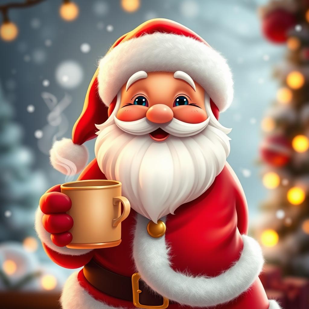 A cute Santa Claus character with a jolly smile, wearing his traditional red suit with white fur trim