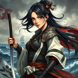 A semi-realistic art depiction of a 24-year-old Japanese pirate-samurai woman