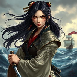 A semi-realistic art depiction of a 24-year-old Japanese pirate-samurai woman