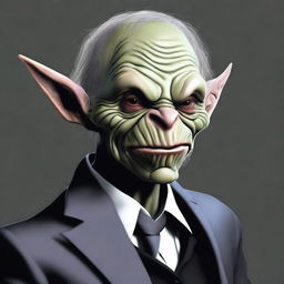 A high-quality digital art image featuring an old goblin with grey skin, donned in a sharp black suit