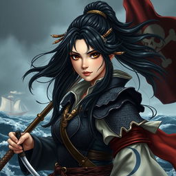 A semi-realistic art depiction of a 24-year-old Japanese pirate-samurai woman