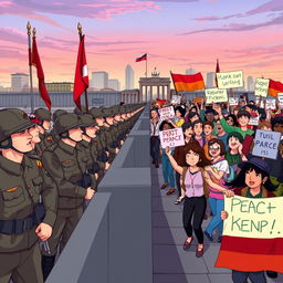 An animation-style illustration depicting the Berlin Wall, with a clear division between military personnel on one side and spirited protesters on the other