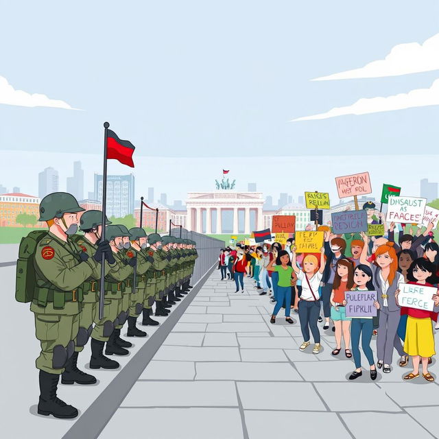 An animation-style illustration depicting the Berlin Wall, with a clear division between military personnel on one side and spirited protesters on the other