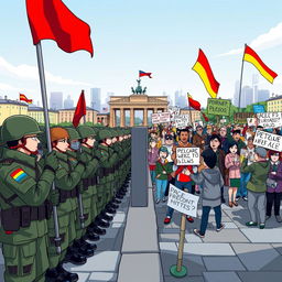 An animation-style illustration depicting the Berlin Wall, with a clear division between military personnel on one side and spirited protesters on the other