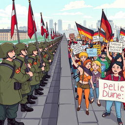 An animation-style illustration depicting the Berlin Wall, with a clear division between military personnel on one side and spirited protesters on the other