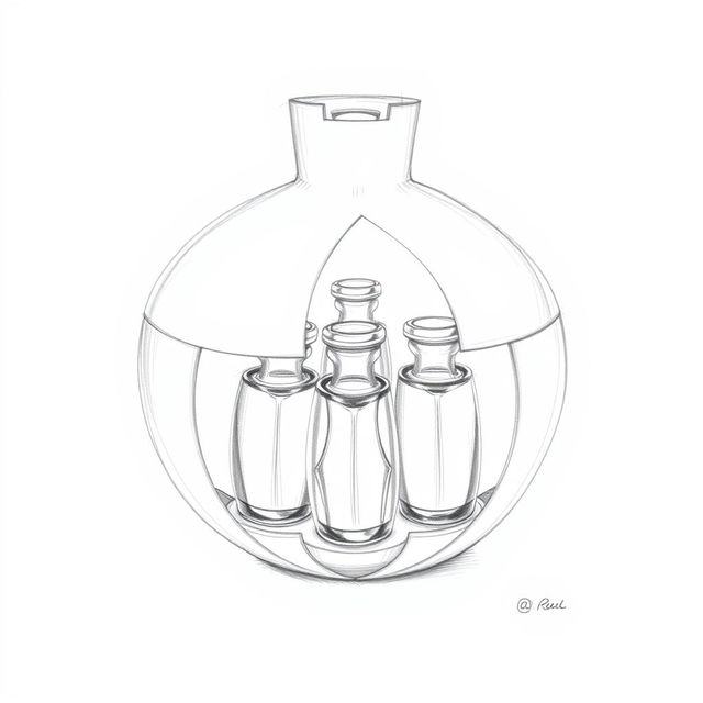 A detailed pencil sketch illustrating a perfume bottle design shaped like a pomegranate, split into two halves