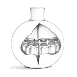 A detailed pencil sketch illustrating a perfume bottle design shaped like a pomegranate, split into two halves