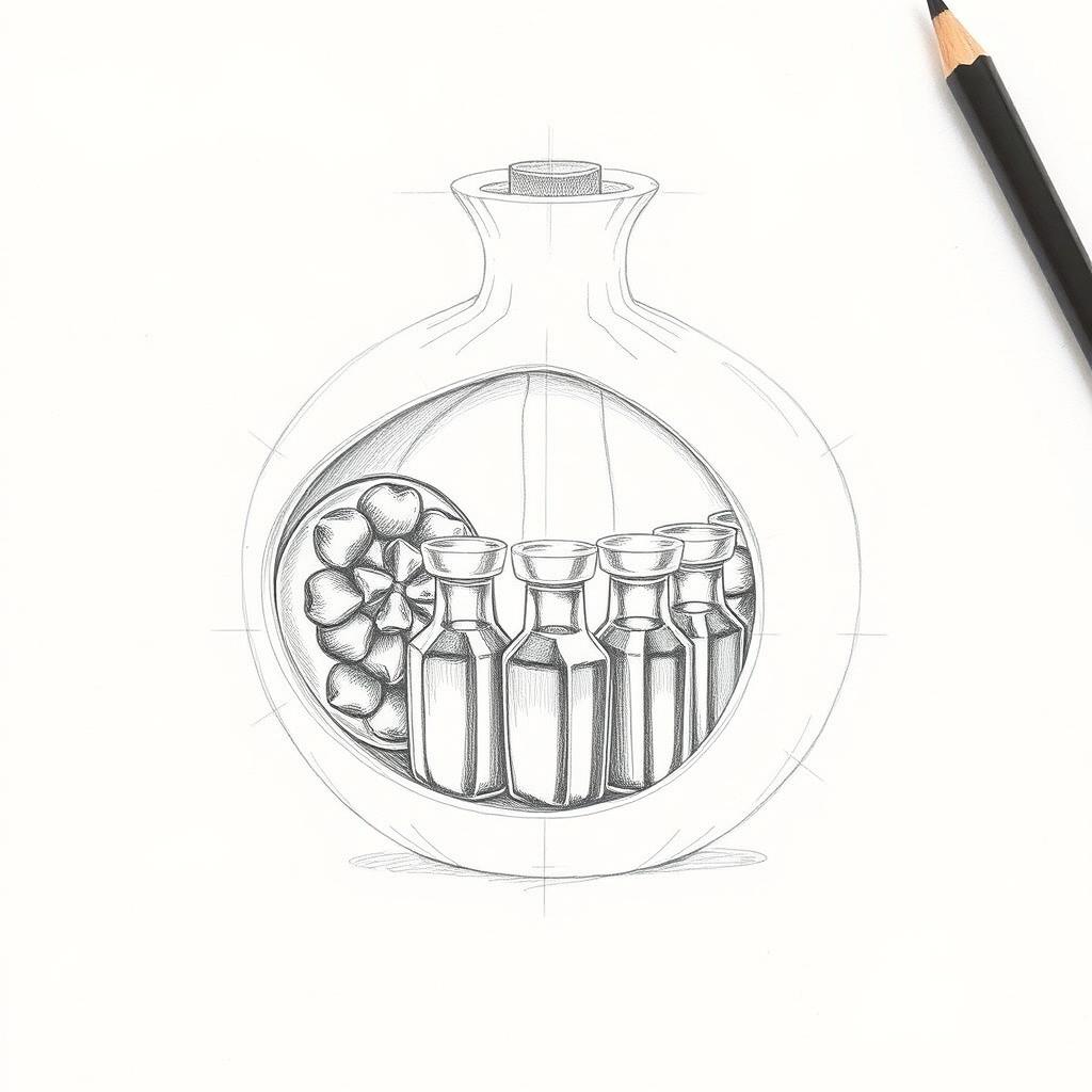 A detailed pencil sketch illustrating a perfume bottle design shaped like a pomegranate, split into two halves