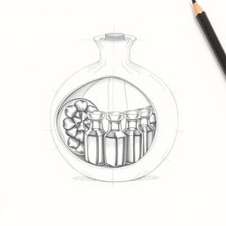 A detailed pencil sketch illustrating a perfume bottle design shaped like a pomegranate, split into two halves