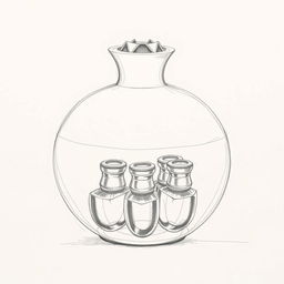 A detailed pencil sketch illustrating a perfume bottle design shaped like a pomegranate, split into two halves