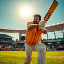 A dynamic scene showcasing the iconic Malayalam actor Mohanlal energetically playing cricket on a vibrant green cricket field