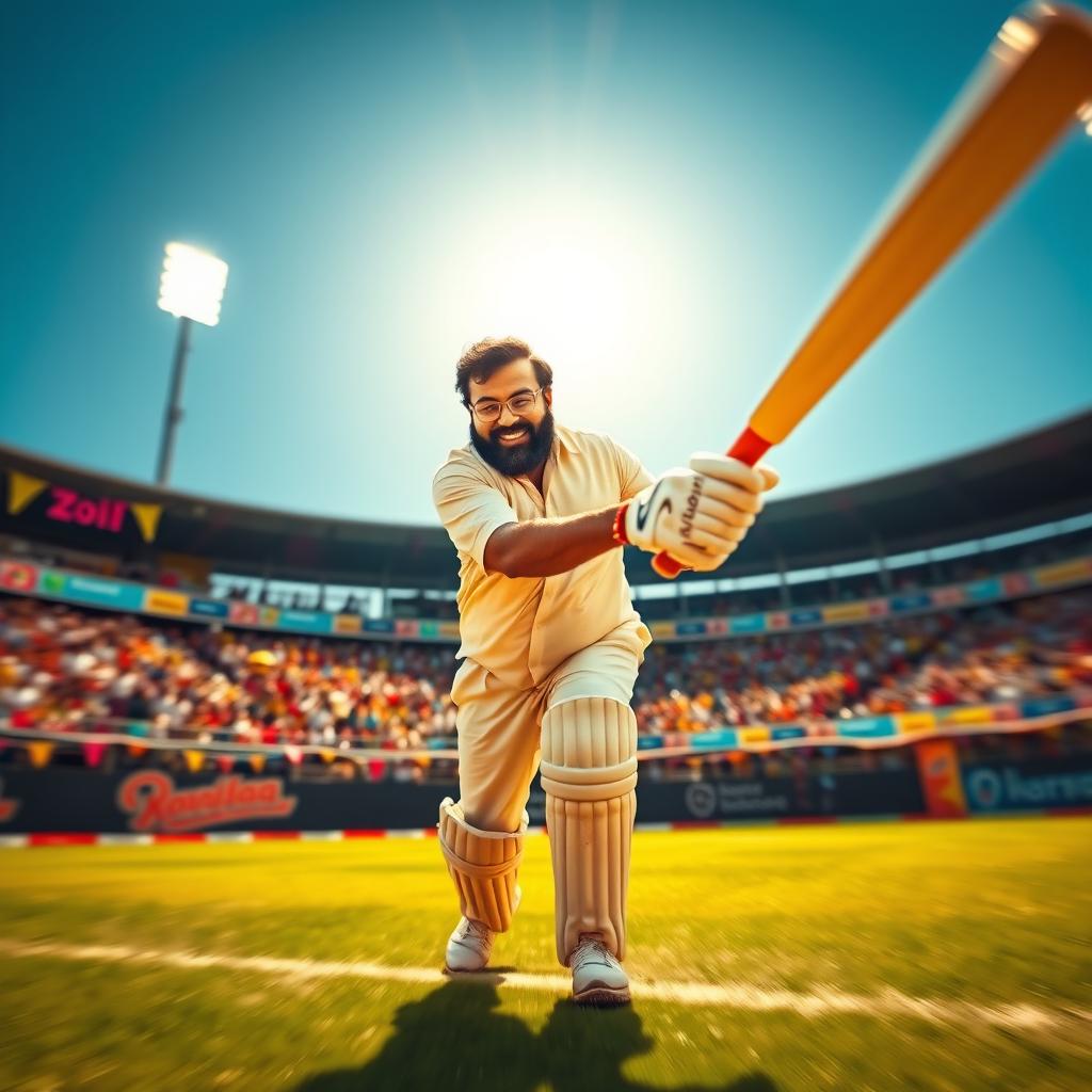 A dynamic scene showcasing the iconic Malayalam actor Mohanlal energetically playing cricket on a vibrant green cricket field