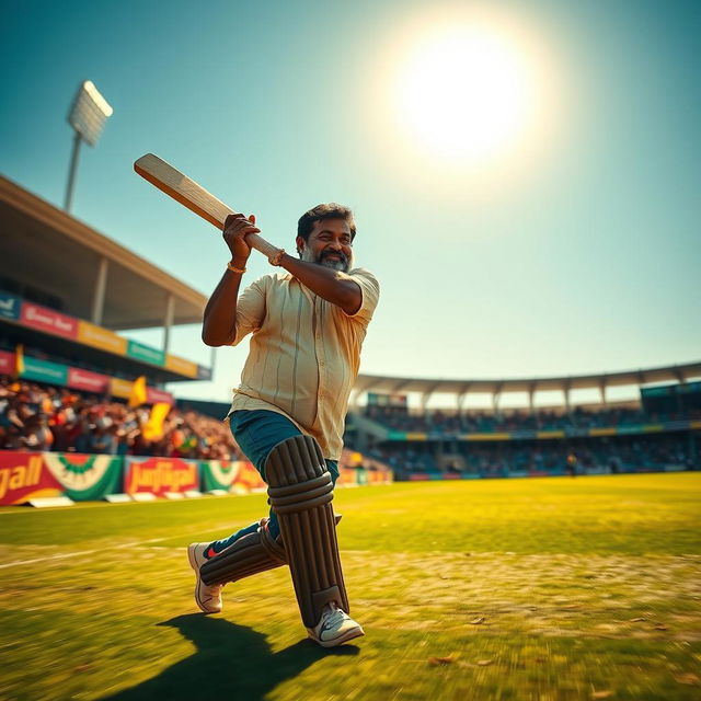 A dynamic scene showcasing the iconic Malayalam actor Mohanlal energetically playing cricket on a vibrant green cricket field