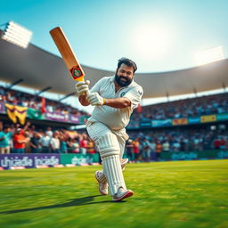 A dynamic scene showcasing the iconic Malayalam actor Mohanlal energetically playing cricket on a vibrant green cricket field