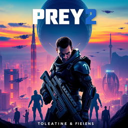 A stunning poster for the fictional movie 'Prey 2 (2025)', showcasing a futuristic cityscape at dusk