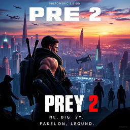 A stunning poster for the fictional movie 'Prey 2 (2025)', showcasing a futuristic cityscape at dusk