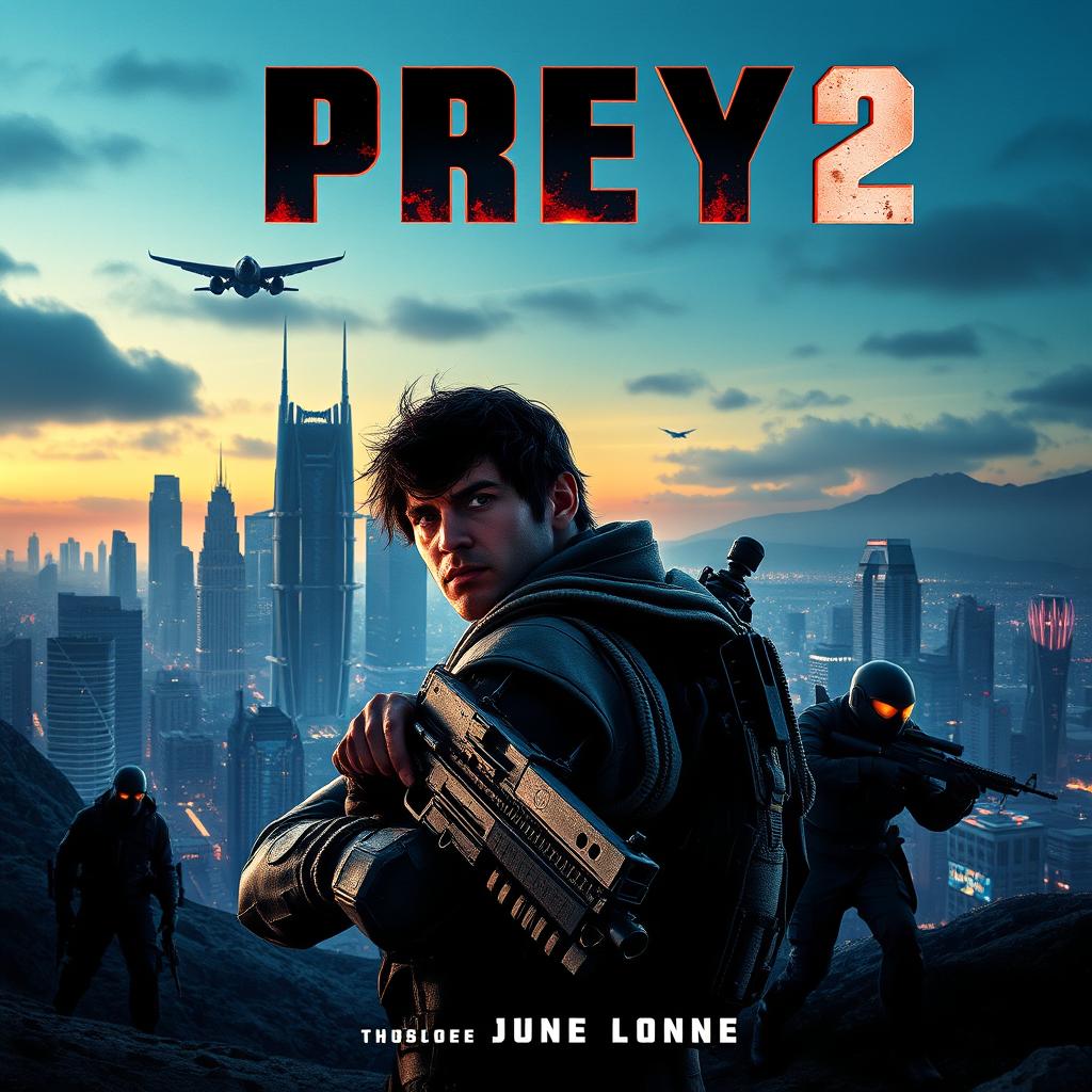 A stunning poster for the fictional movie 'Prey 2 (2025)', showcasing a futuristic cityscape at dusk