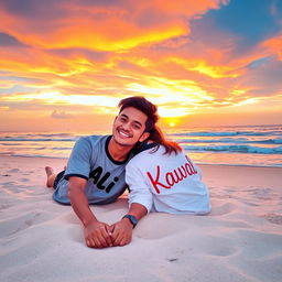 A romantic scene on a beach during sunset with a couple lounging happily on the sand