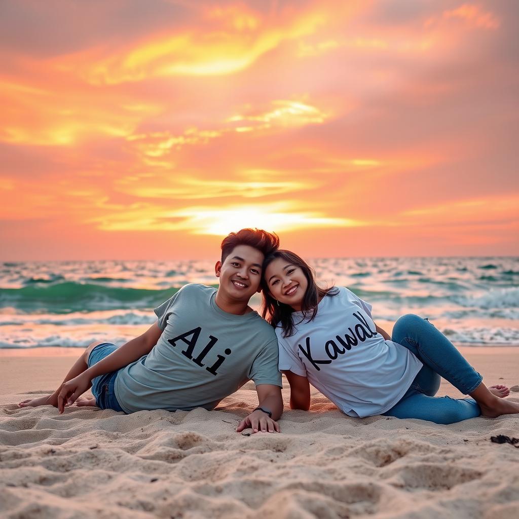 A romantic scene on a beach during sunset with a couple lounging happily on the sand