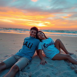 A romantic scene on a beach during sunset with a couple lounging happily on the sand