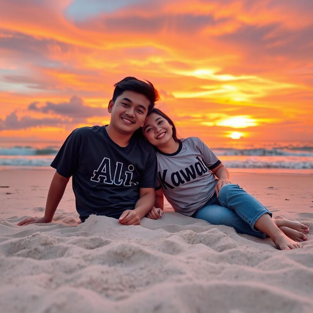 A romantic scene on a beach during sunset with a couple lounging happily on the sand