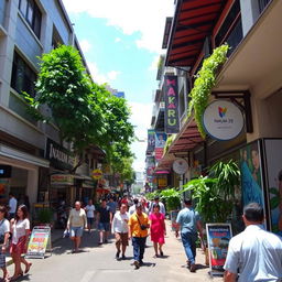 A vibrant street scene of Naum 25 in Jakarta Pusat, Indonesia, showcasing a lively urban environment with people walking by, local shops, and colorful street art