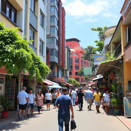 A vibrant street scene of Naum 25 in Jakarta Pusat, Indonesia, showcasing a lively urban environment with people walking by, local shops, and colorful street art