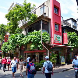 A vibrant street scene of Naum 25 in Jakarta Pusat, Indonesia, showcasing a lively urban environment with people walking by, local shops, and colorful street art