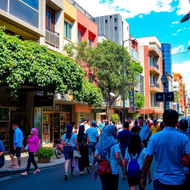 A vibrant street scene of Naum 25 in Jakarta Pusat, Indonesia, showcasing a lively urban environment with people walking by, local shops, and colorful street art