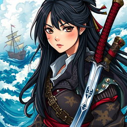 A vibrant illustration of a fantasy character, featuring a 24-year-old Japanese pirate-samurai woman