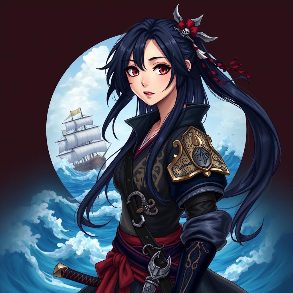 A vibrant illustration of a fantasy character, featuring a 24-year-old Japanese pirate-samurai woman