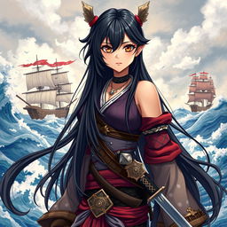 A vibrant illustration of a fantasy character, featuring a 24-year-old Japanese pirate-samurai woman