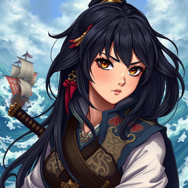 A vibrant illustration of a fantasy character, featuring a 24-year-old Japanese pirate-samurai woman