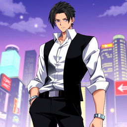 An anime-style illustration of a tall and slender character with black, slicked back hair and lifeless, dead fish eyes, exuding an air of mystery