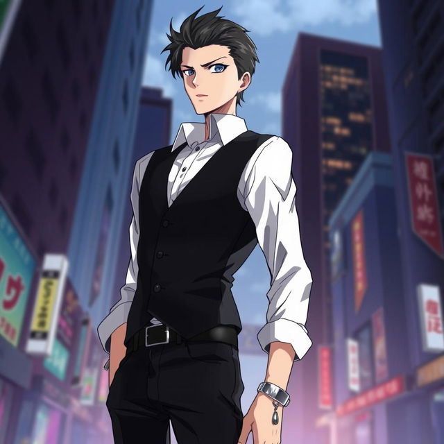 An anime-style illustration of a tall and slender character with black, slicked back hair and lifeless, dead fish eyes, exuding an air of mystery